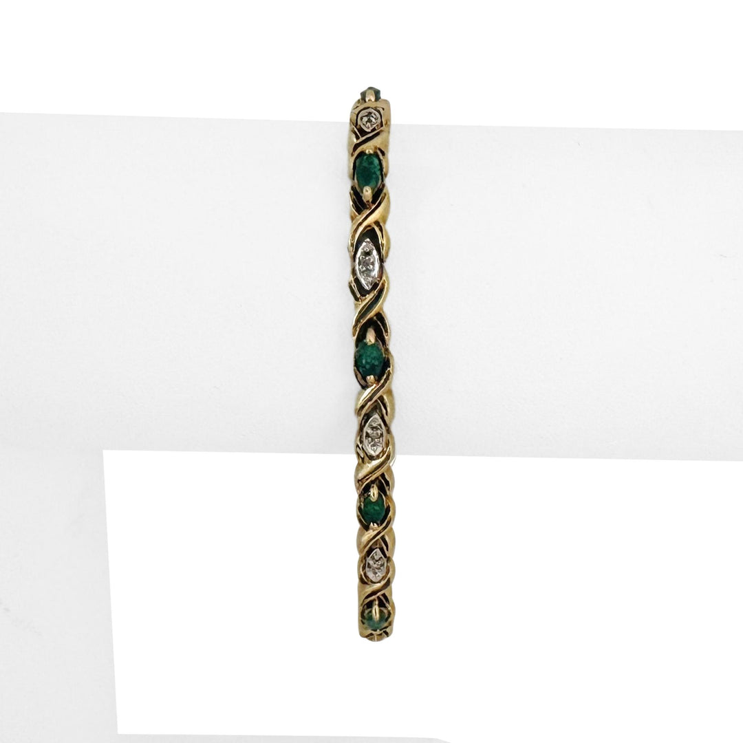 14k Yellow Gold Emerald and Diamond 10.5g Ladies X Link Bracelet 7"