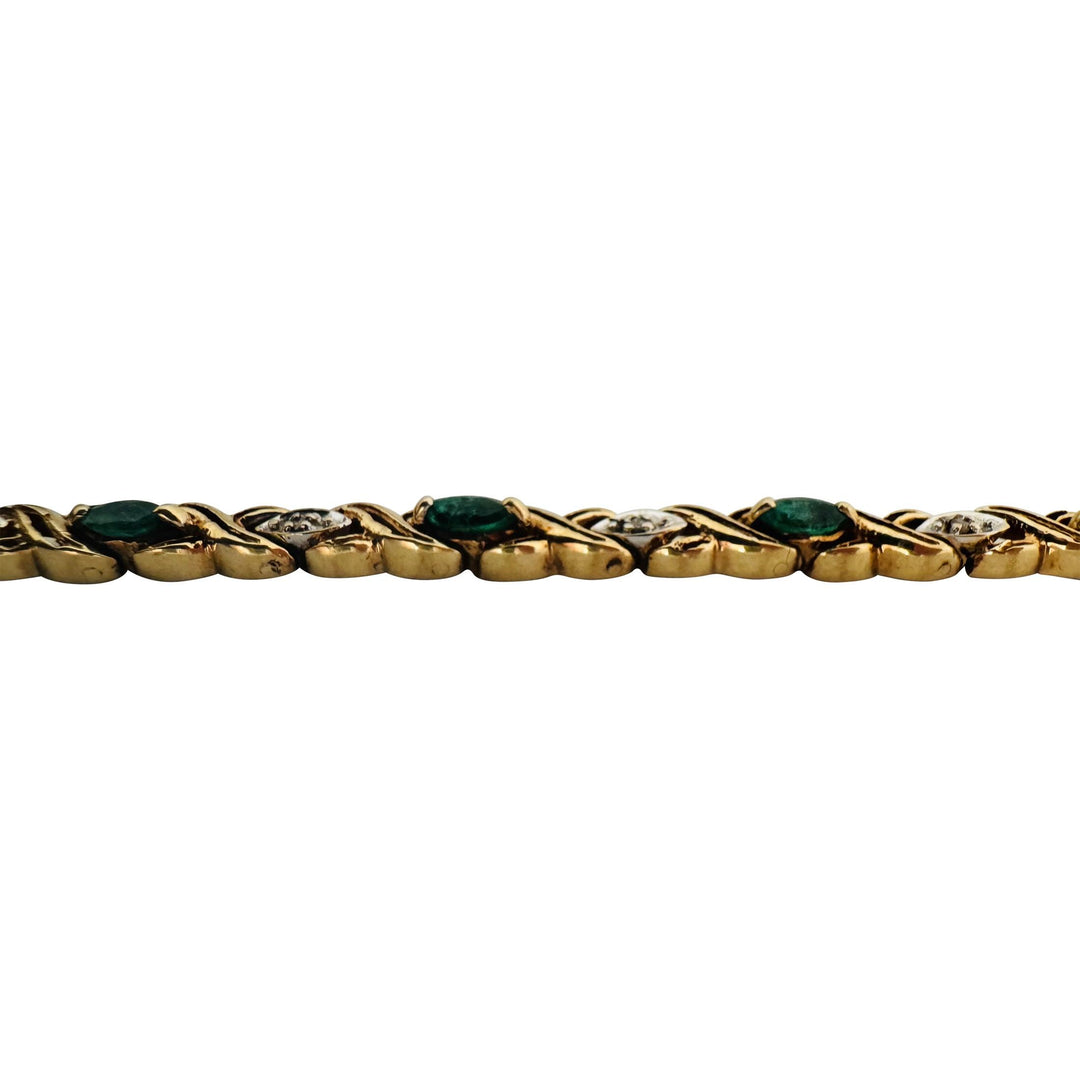 14k Yellow Gold Emerald and Diamond 10.5g Ladies X Link Bracelet 7"