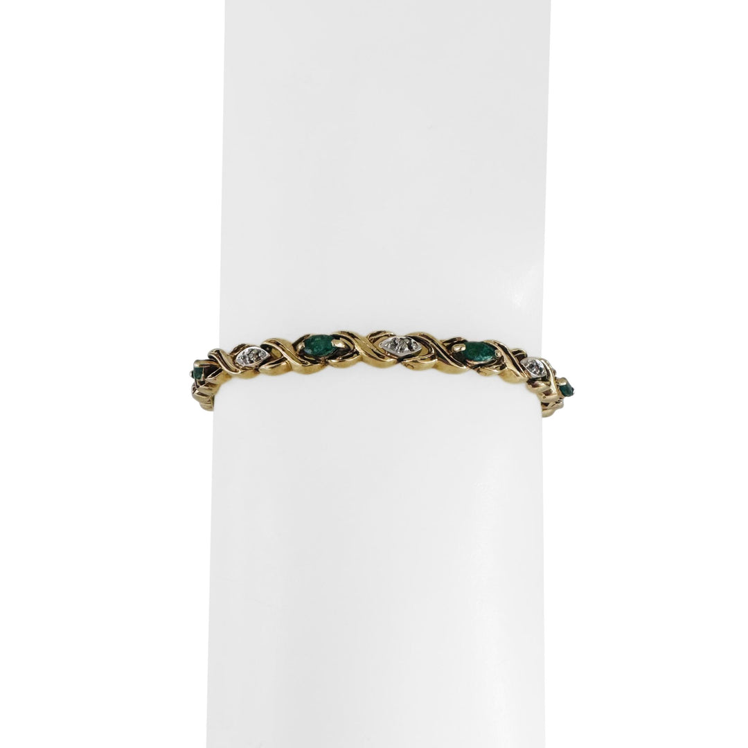 14k Yellow Gold Emerald and Diamond 10.5g Ladies X Link Bracelet 7"