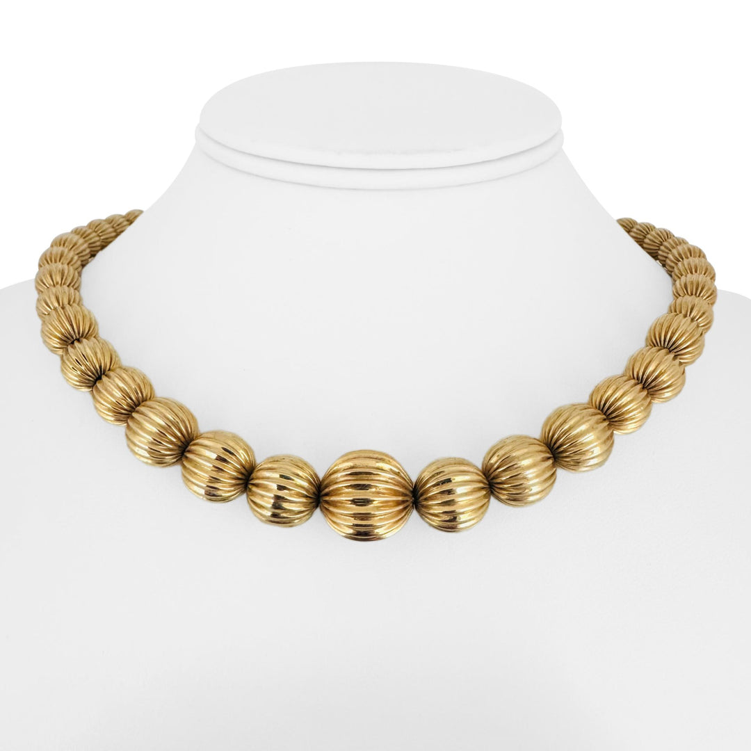 14k Yellow Gold 26.2g Vintage Ladies Graduated Ribbed Ball Link Necklace 16"