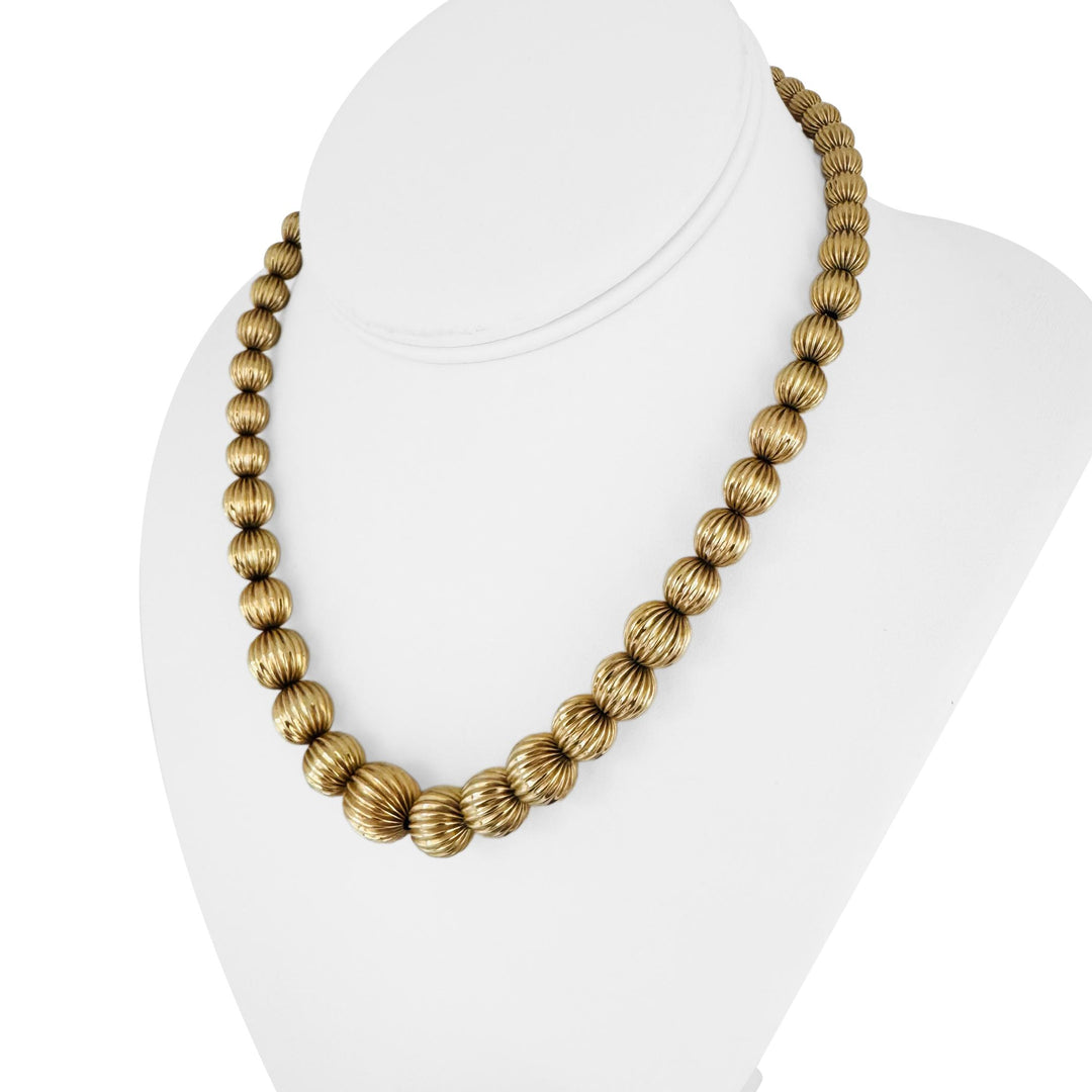 14k Yellow Gold 26.2g Vintage Ladies Graduated Ribbed Ball Link Necklace 16"