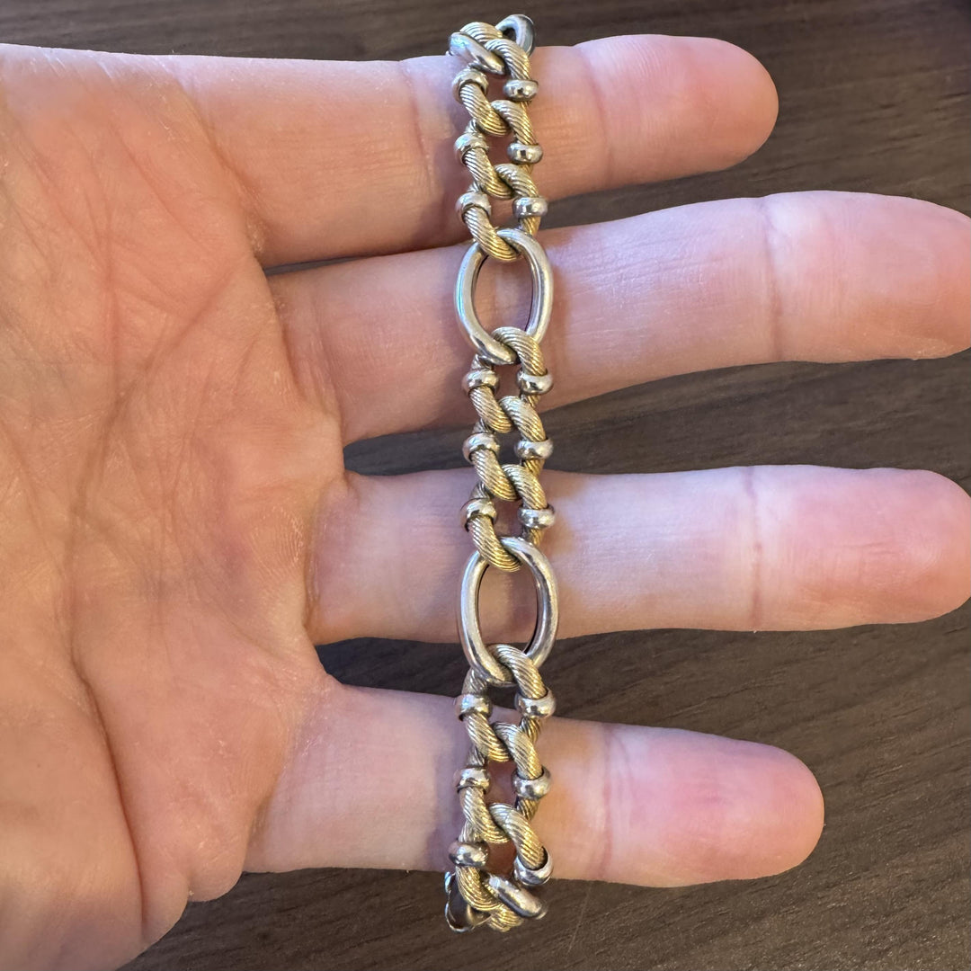 14k Yellow and White Gold 19g Two Tone 10mm Fancy Curb Link Bracelet Italy 7.75"