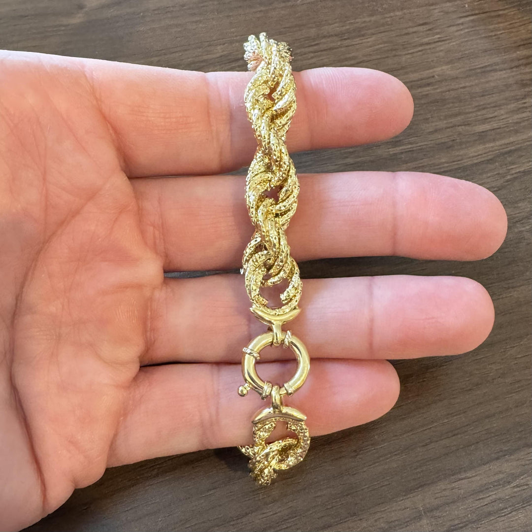 18k Yellow Gold 14.7g Sparkling Thick 12mm Rope Bracelet Italy 8.25"