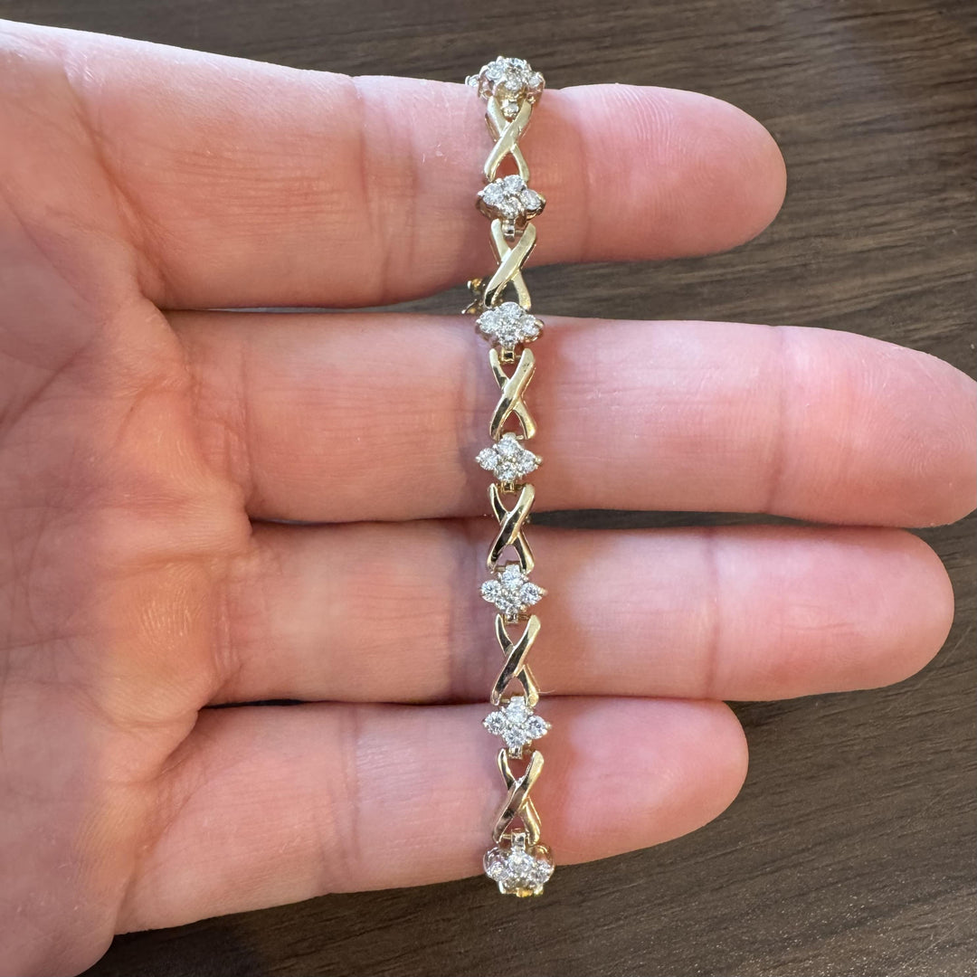 14k Yellow Gold and 1.5cttw Diamond Fancy X Link Bracelet 7.25"