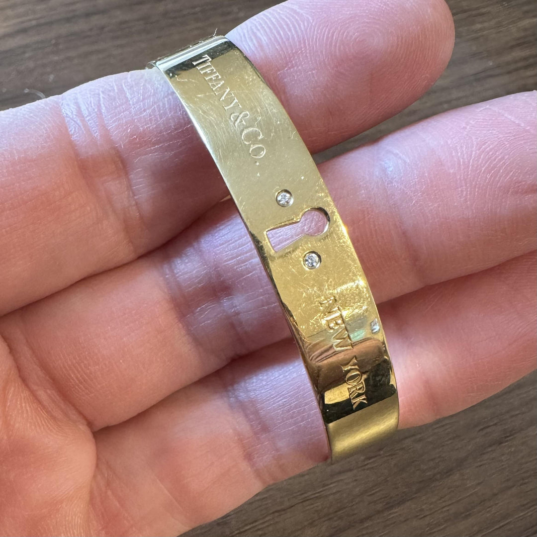 Tiffany & Co. 18k Yellow Gold and Diamond Solid Keyhole Bangle Bracelet 7.75"