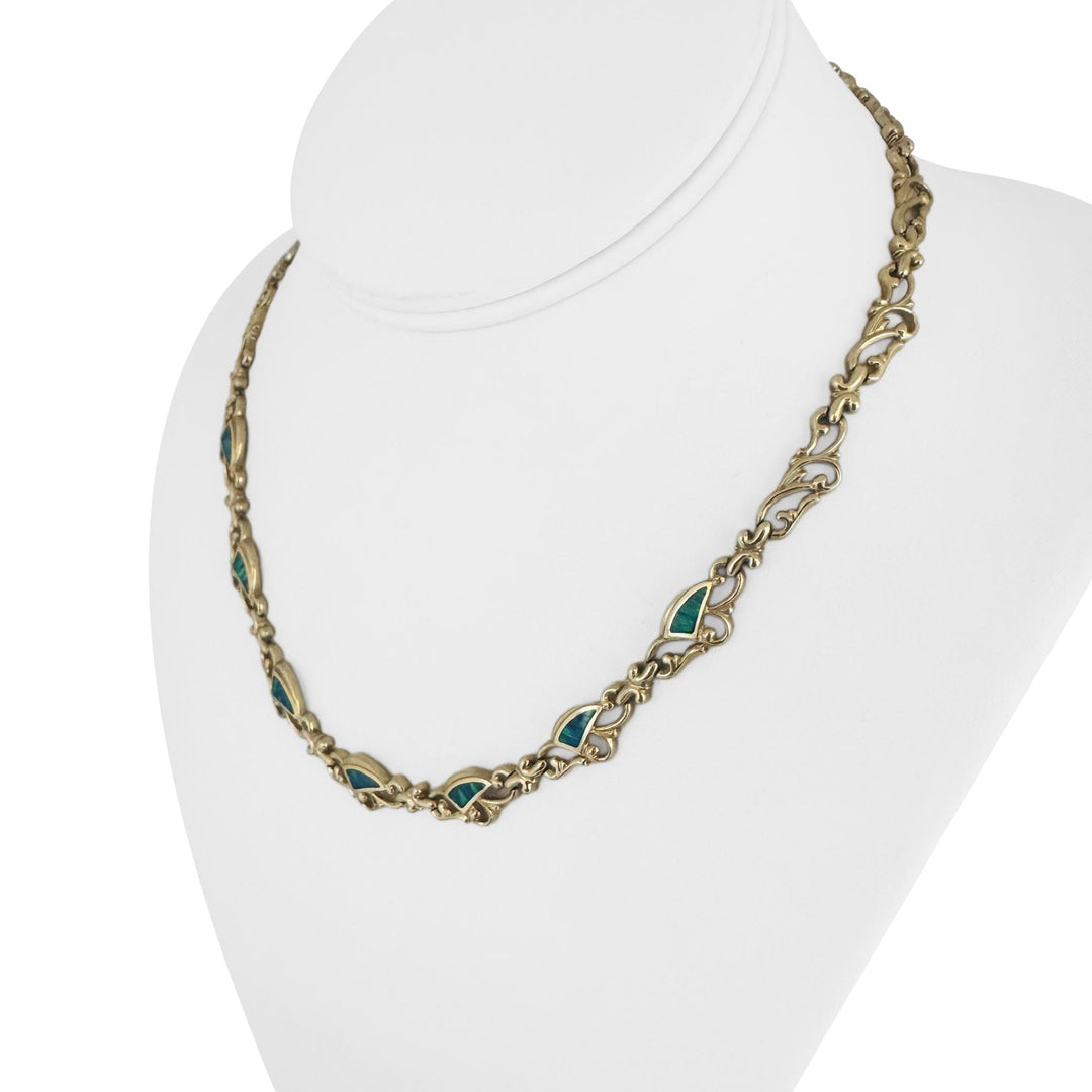 14k Yellow Gold and Blue Green Opal 28.2g Fancy Link Necklace 16.5"