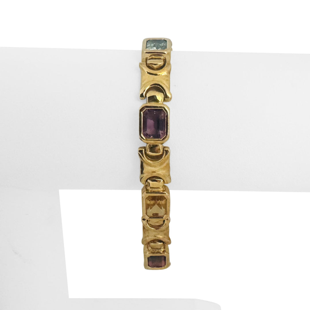 14k Yellow Gold 25.4g Heavy Ladies Bezel Set Multi Gemstone Link Bracelet 7.25"
