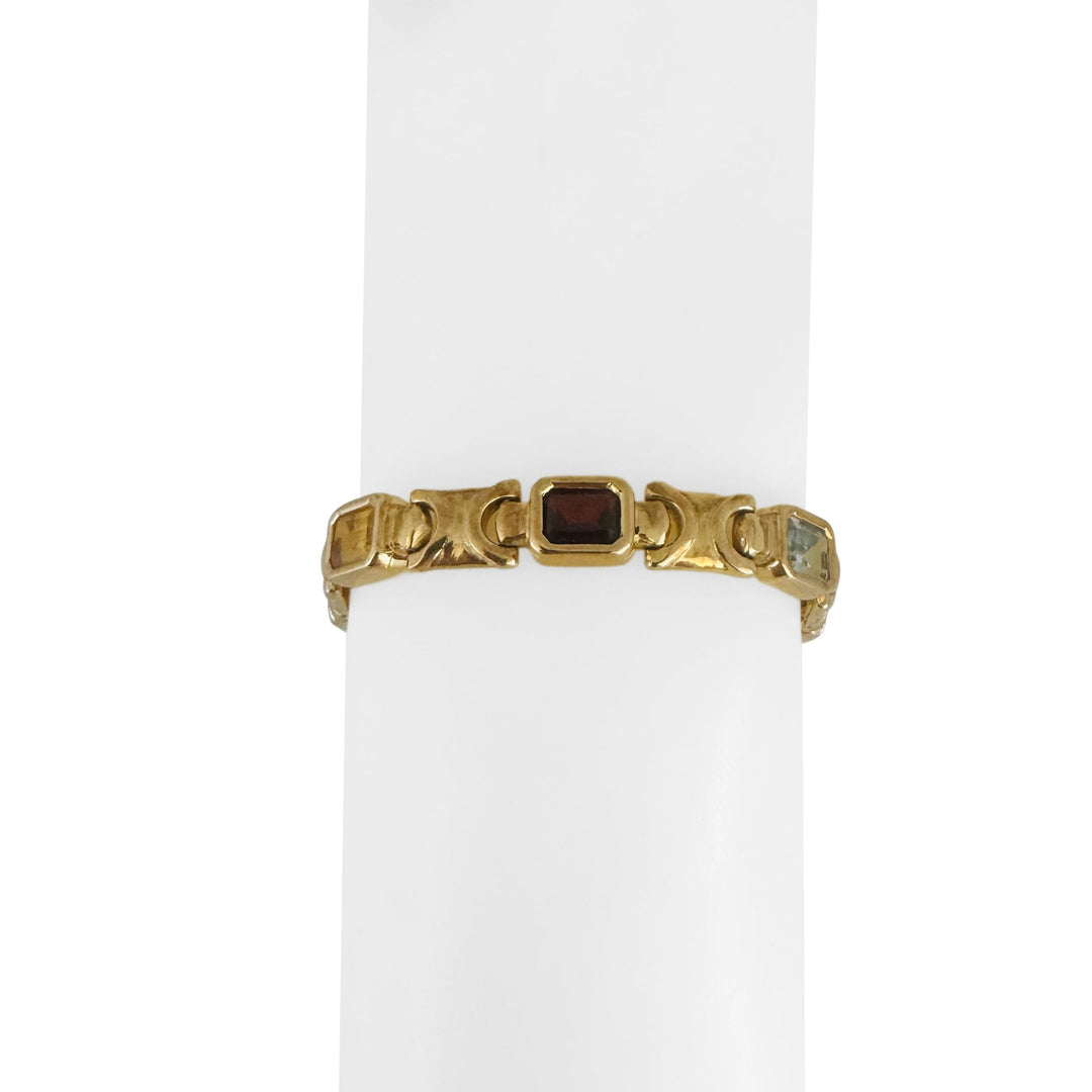 14k Yellow Gold 25.4g Heavy Ladies Bezel Set Multi Gemstone Link Bracelet 7.25"
