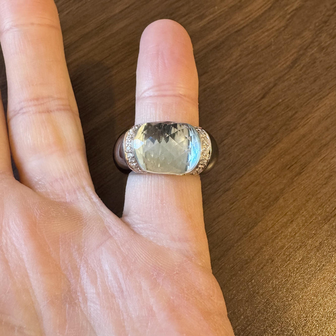 Hematite 14k White Gold Diamond and Aqua Ladies Ring Size 7