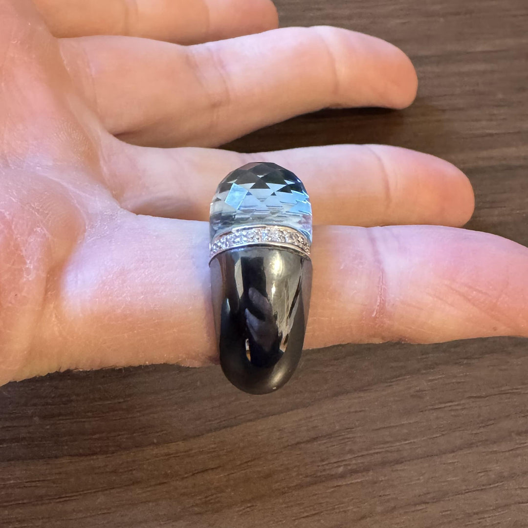 Hematite 14k White Gold Diamond and Aqua Ladies Ring Size 7