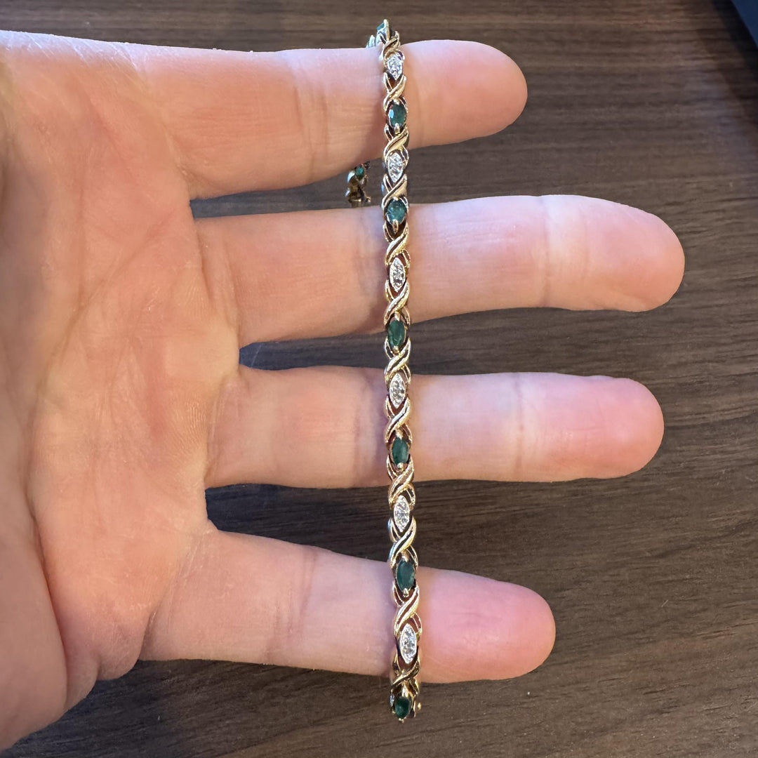 14k Yellow Gold Emerald and Diamond 10.5g Ladies X Link Bracelet 7"
