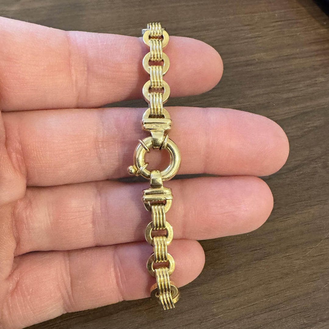 14k Yellow Gold 13.3g Vintage Ladies 8mm Fancy Circle Link Bracelet Italy 7"