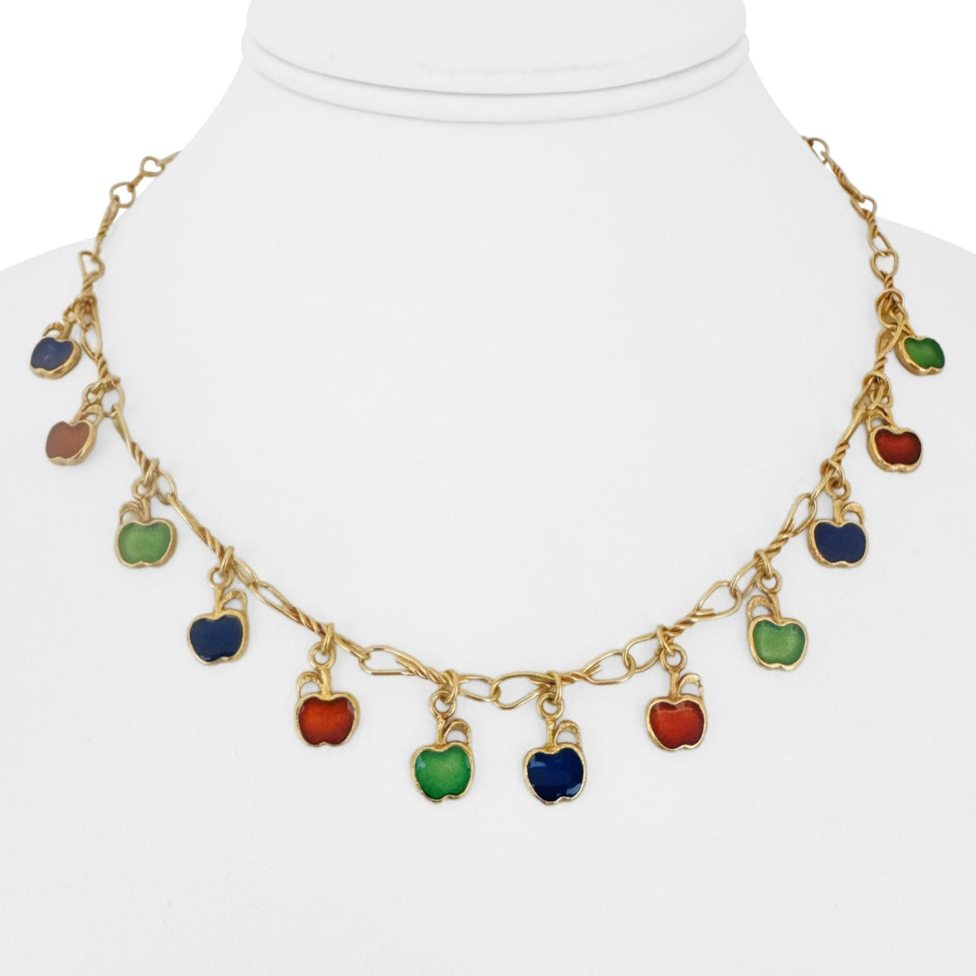 18k Yellow Gold 15.6g Ladies Vintage Enamel Apple Charms Link Necklace Italy 16"