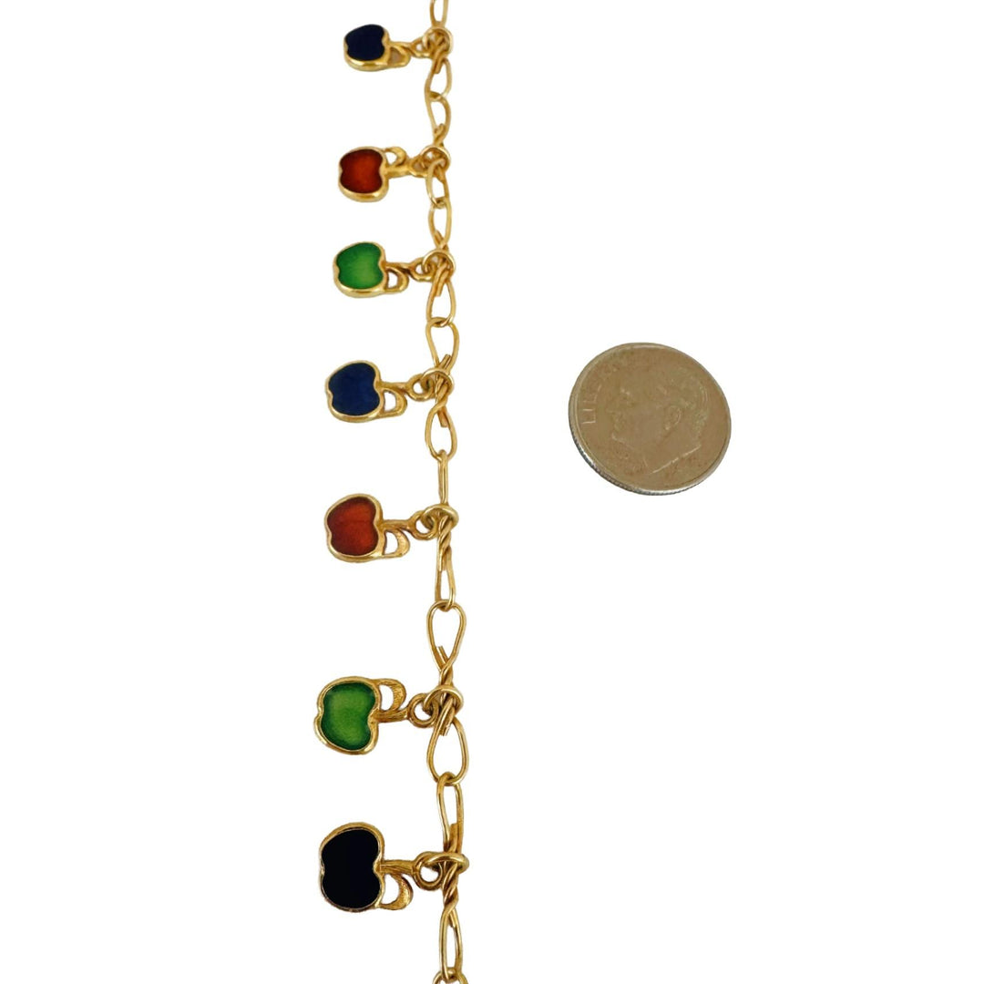 18k Yellow Gold 15.6g Ladies Vintage Enamel Apple Charms Link Necklace Italy 16"