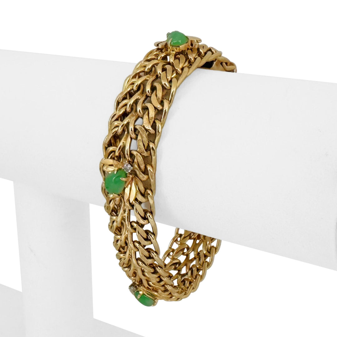 14k Yellow Gold 49g Heavy Jade and Diamond Fancy Link Bracelet 7.25"