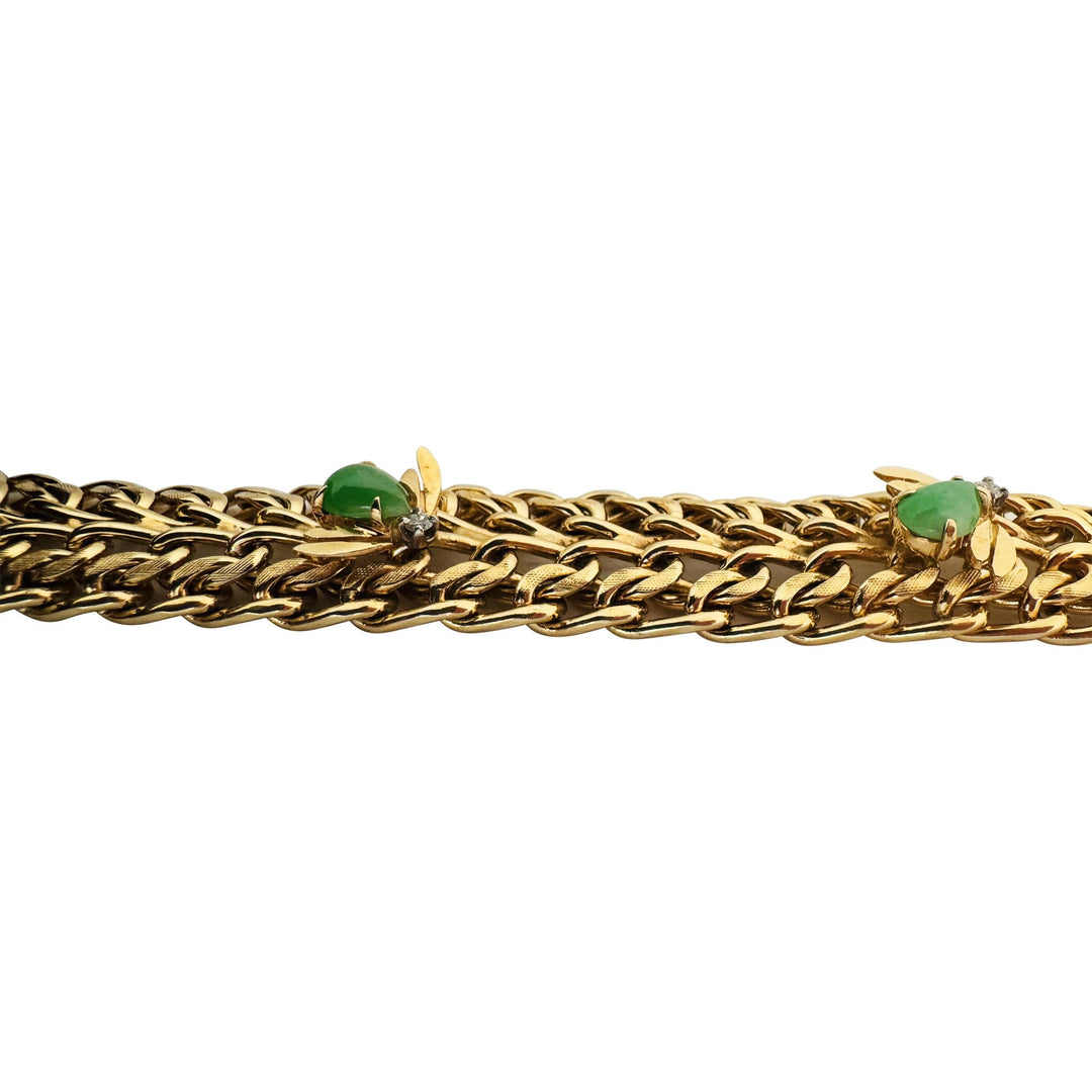 14k Yellow Gold 49g Heavy Jade and Diamond Fancy Link Bracelet 7.25"