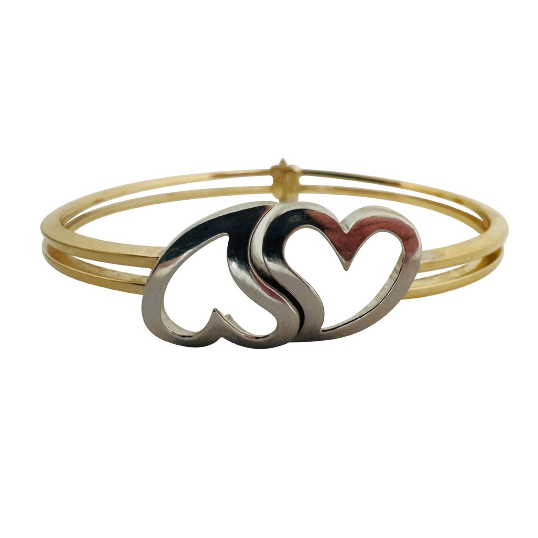 14k Yellow and White Gold 10.5g Hinged Connected Hearts Bangle Bracelet 7"