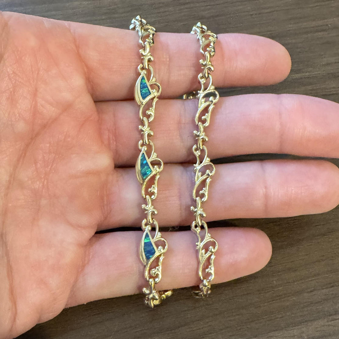 14k Yellow Gold and Blue Green Opal 28.2g Fancy Link Necklace 16.5"