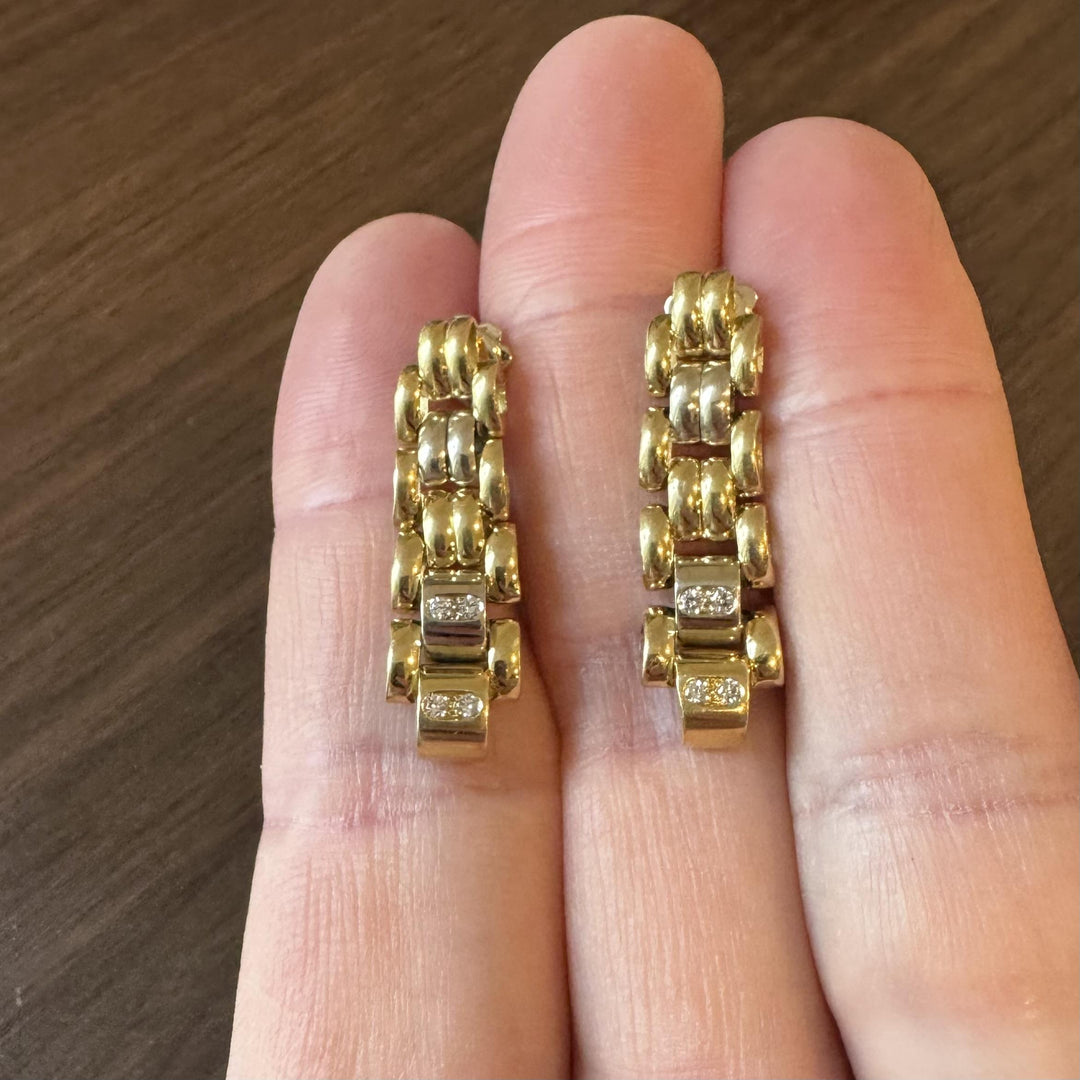 18k Yellow Gold and Diamond 14g Solid Articulated Drop Dangle Earrings 1.4"