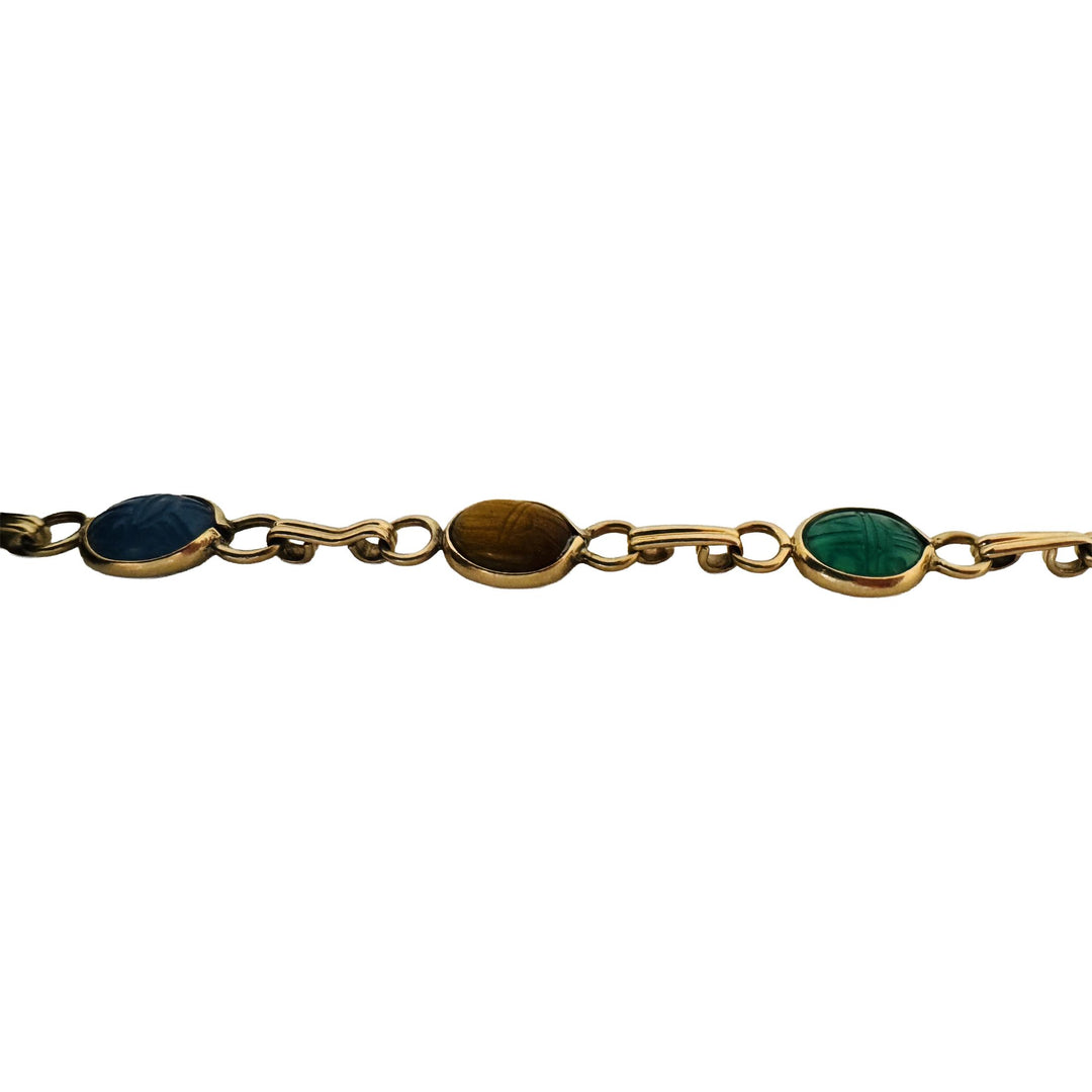 14k Yellow Gold 6.7g Ladies 7mm Multi Stone Carved Scarab Bracelet 7.5"