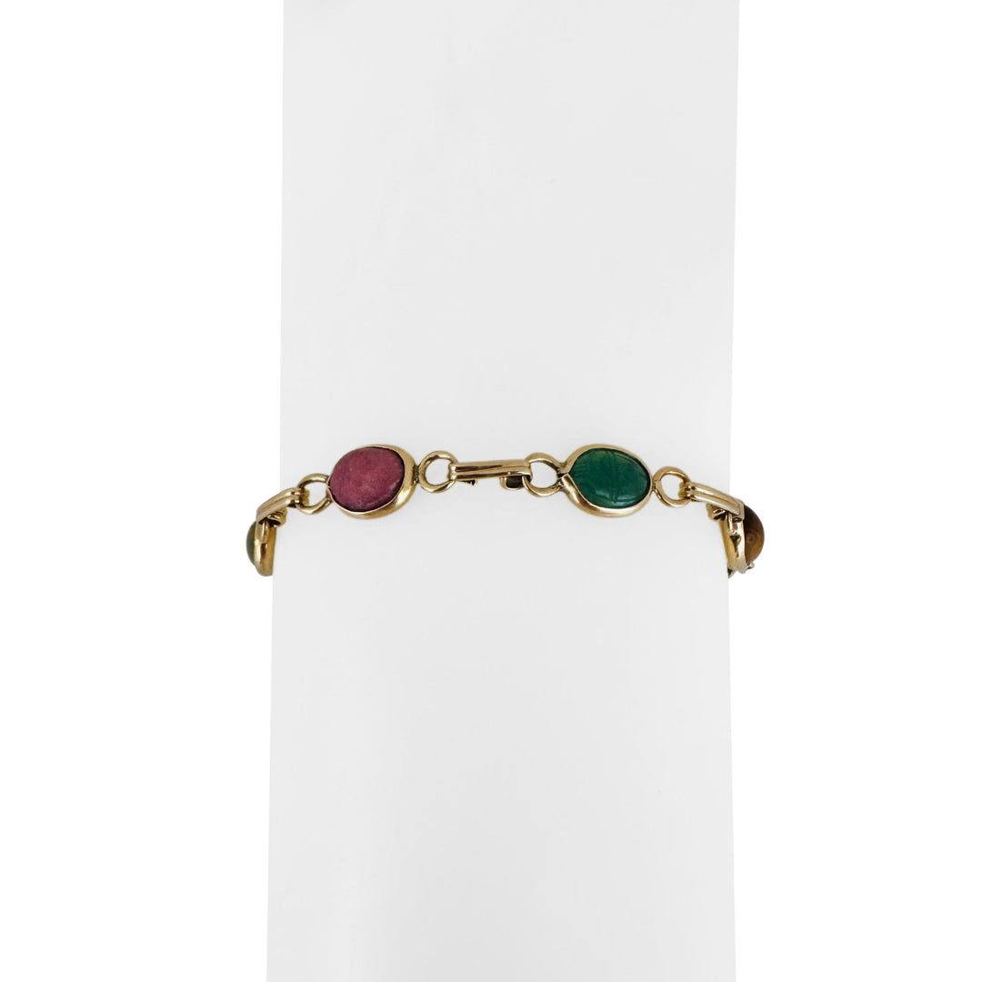 14k Yellow Gold 6.7g Ladies 7mm Multi Stone Carved Scarab Bracelet 7.5"