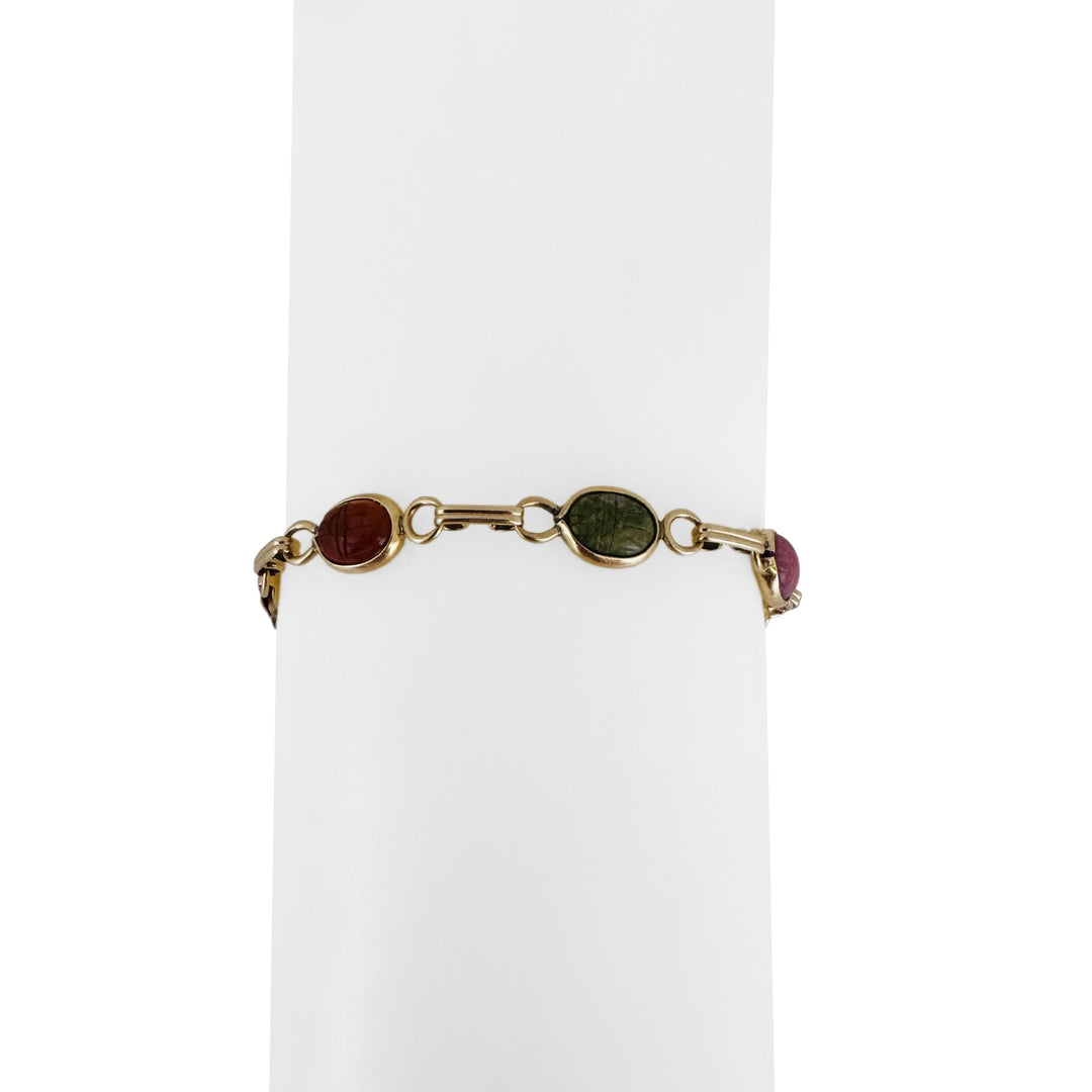14k Yellow Gold 6.7g Ladies 7mm Multi Stone Carved Scarab Bracelet 7.5"