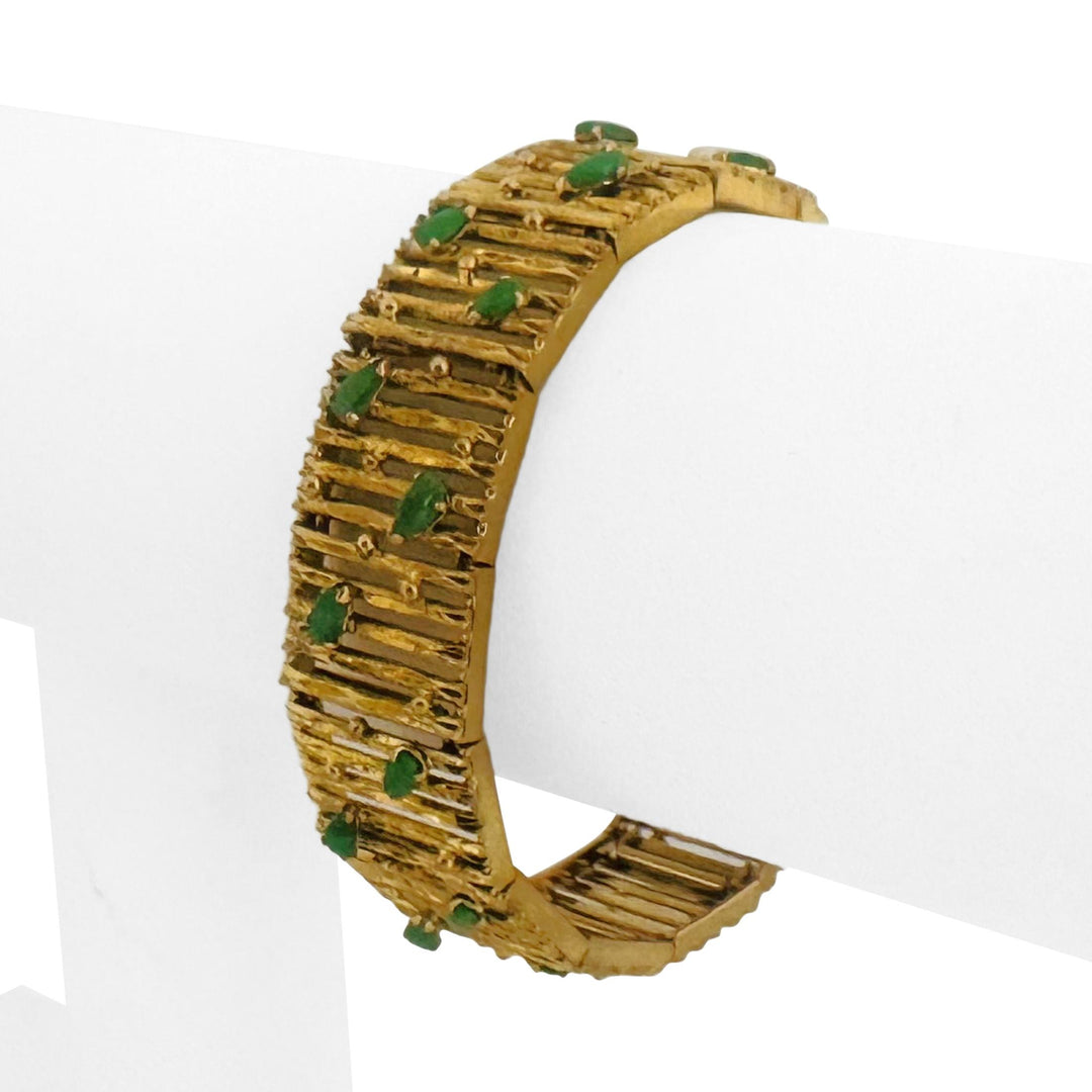 14k Yellow Gold and Cabochon Jade 28g Vintage Bar Link Bracelet 7"
