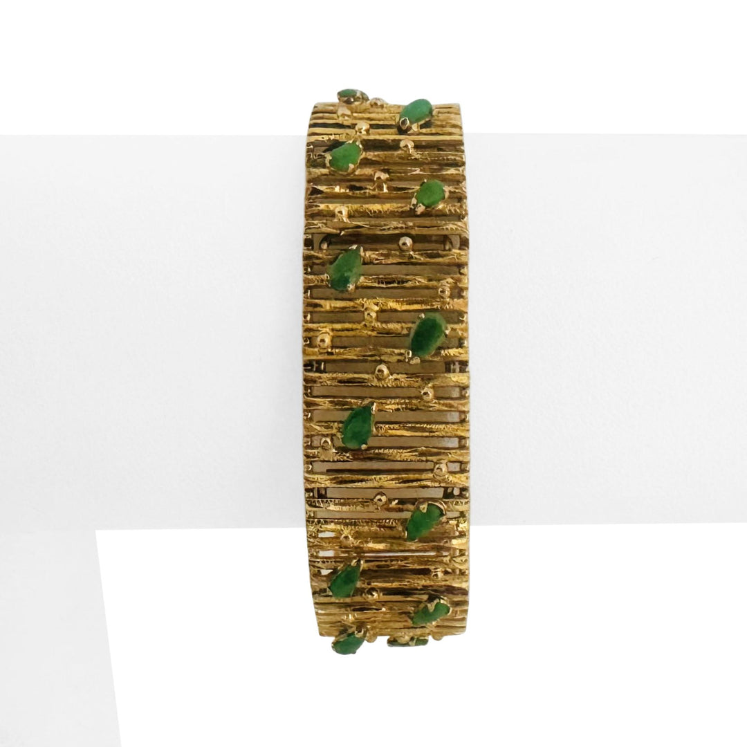 14k Yellow Gold and Cabochon Jade 28g Vintage Bar Link Bracelet 7"