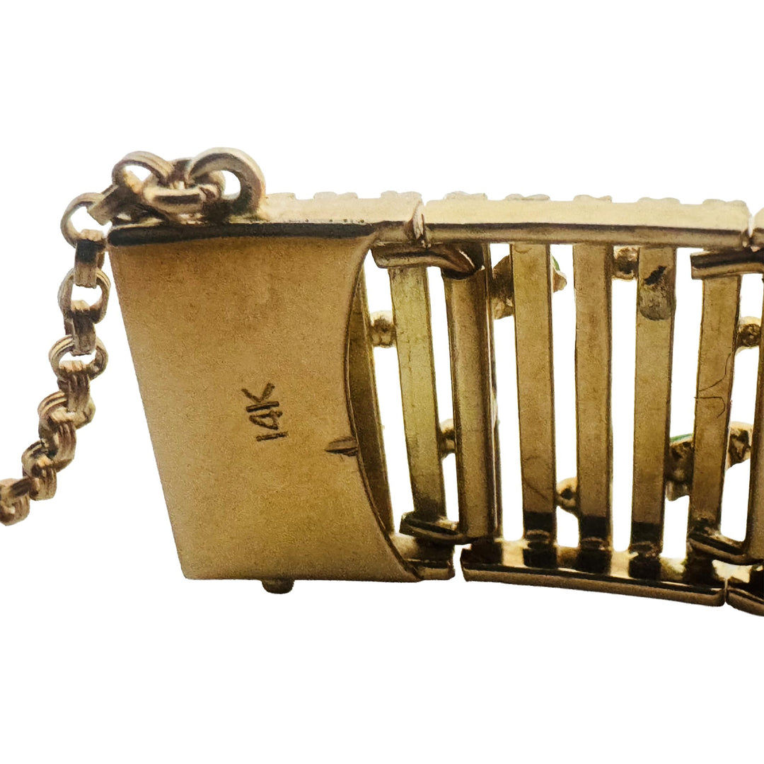 14k Yellow Gold and Cabochon Jade 28g Vintage Bar Link Bracelet 7"