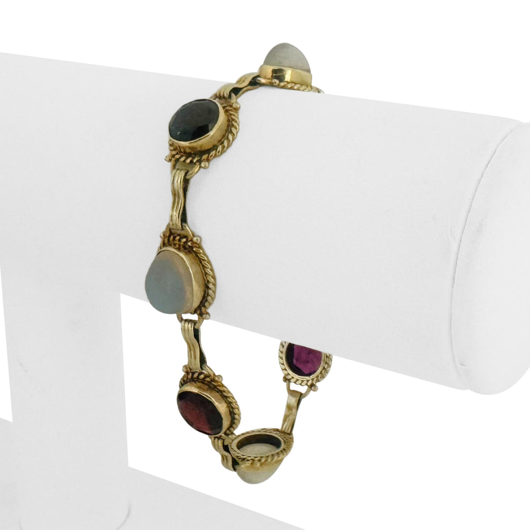 14k Yellow Gold Garnet Amethyst and Moonstone 16.2g Vintage Ladies Bracelet 7"