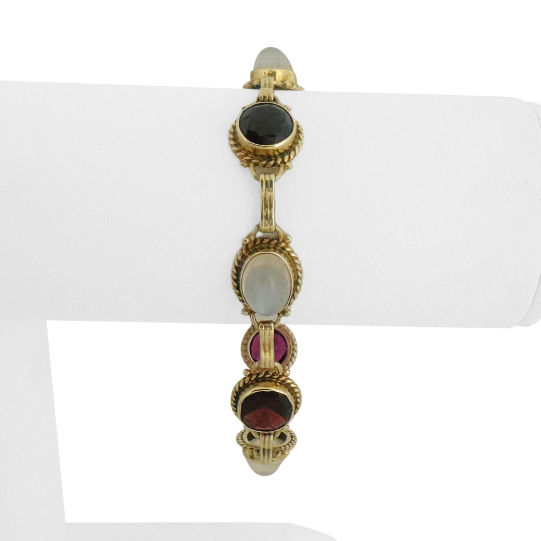 14k Yellow Gold Garnet Amethyst and Moonstone 16.2g Vintage Ladies Bracelet 7"
