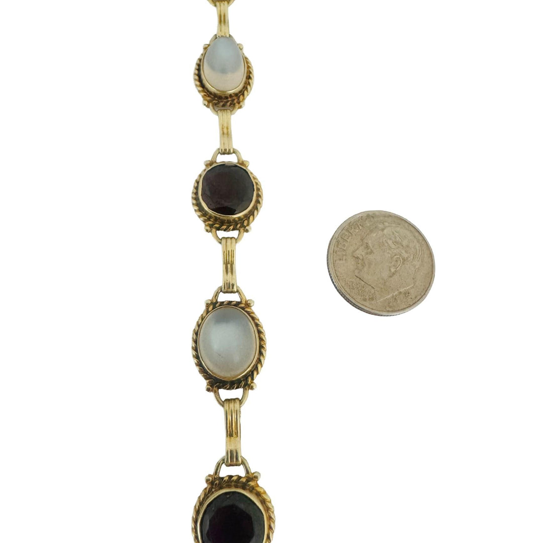 14k Yellow Gold Garnet Amethyst and Moonstone 16.2g Vintage Ladies Bracelet 7"