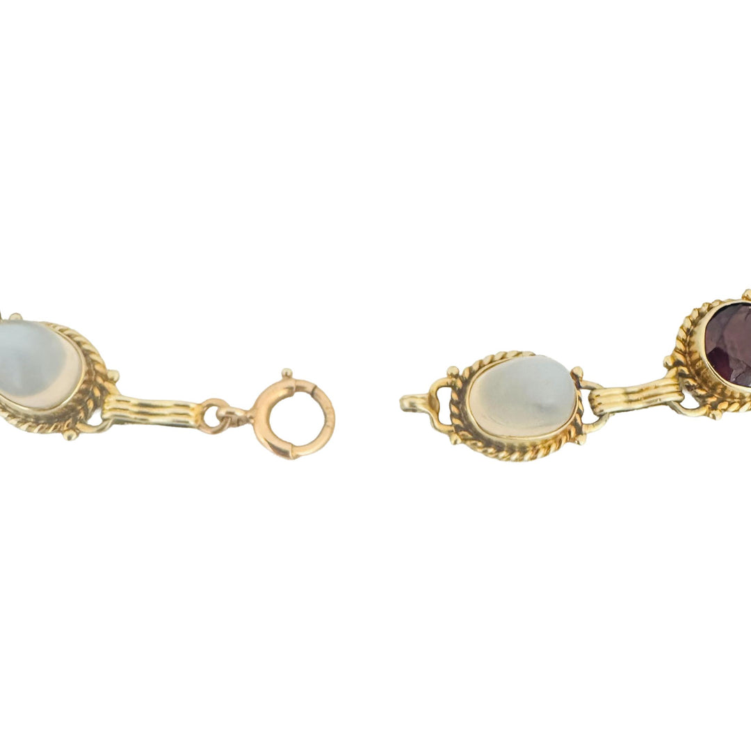 14k Yellow Gold Garnet Amethyst and Moonstone 16.2g Vintage Ladies Bracelet 7"