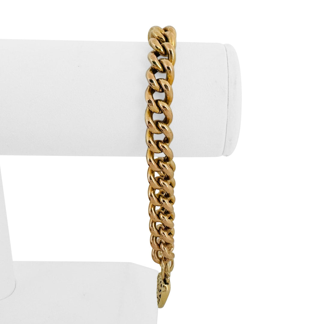 14k Yellow Gold 21.4g Vintage Curb Link Bracelet with Heart Charm Clasp 8"