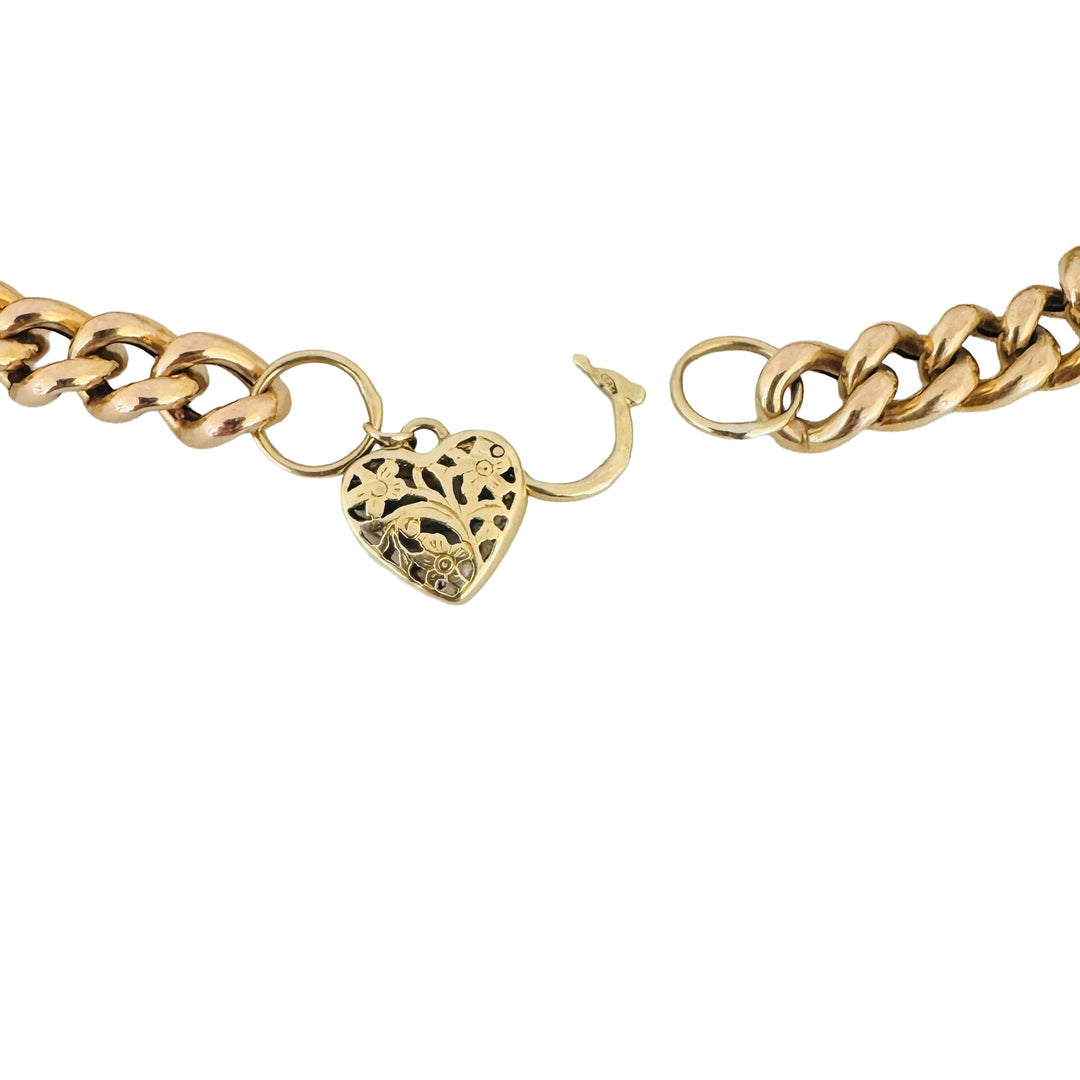 14k Yellow Gold 21.4g Vintage Curb Link Bracelet with Heart Charm Clasp 8"