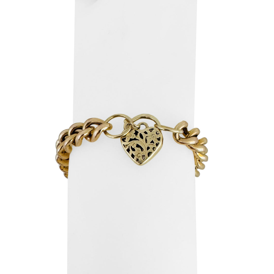 14k Yellow Gold 21.4g Vintage Curb Link Bracelet with Heart Charm Clasp 8"