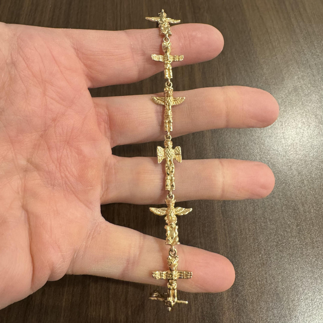 14k Yellow Gold 18.8g Solid Vintage Totem Pole Charm Link Bracelet 7.5"
