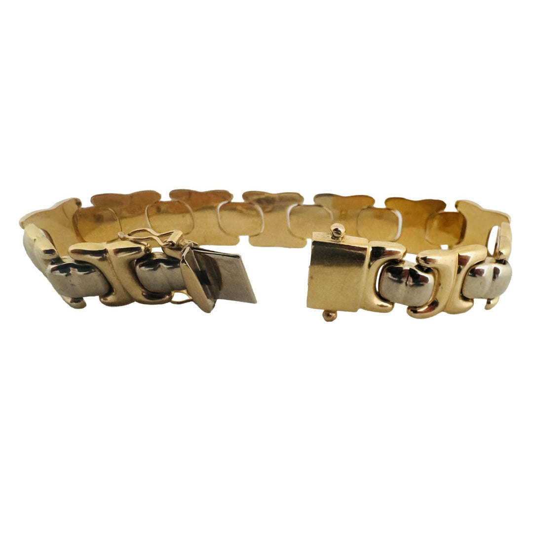 14k Yellow and White Gold 21g Two Tone 12mm Fancy Link Bracelet Italy 7.25"
