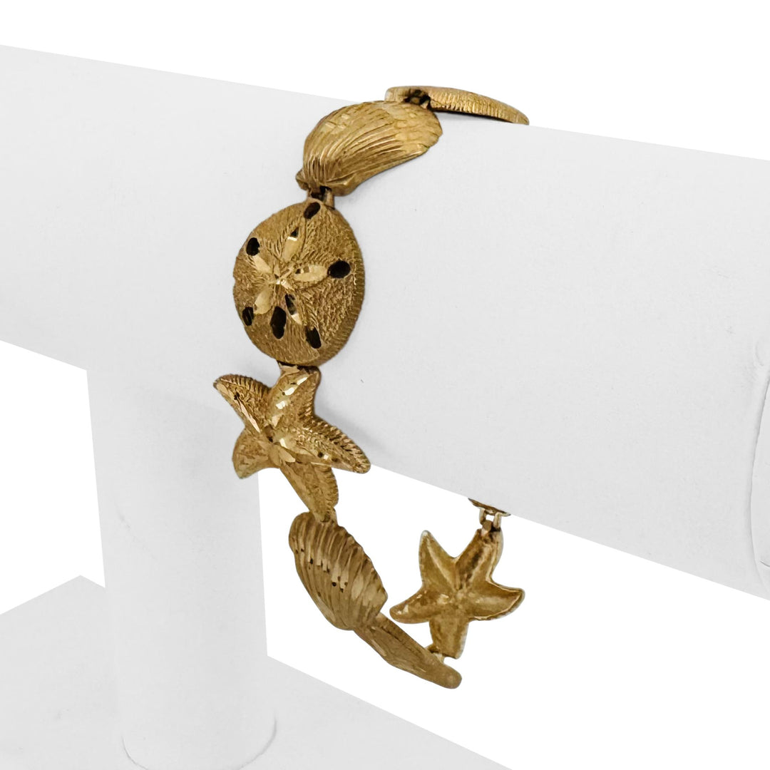 14k Yellow Gold 19.6g Diamond Cut Beach Ocean Charm Link Bracelet 7"