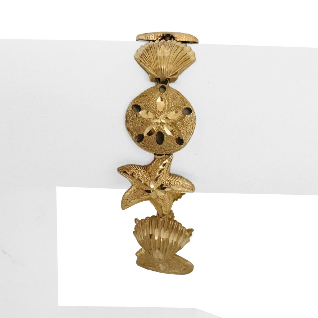 14k Yellow Gold 19.6g Diamond Cut Beach Ocean Charm Link Bracelet 7"