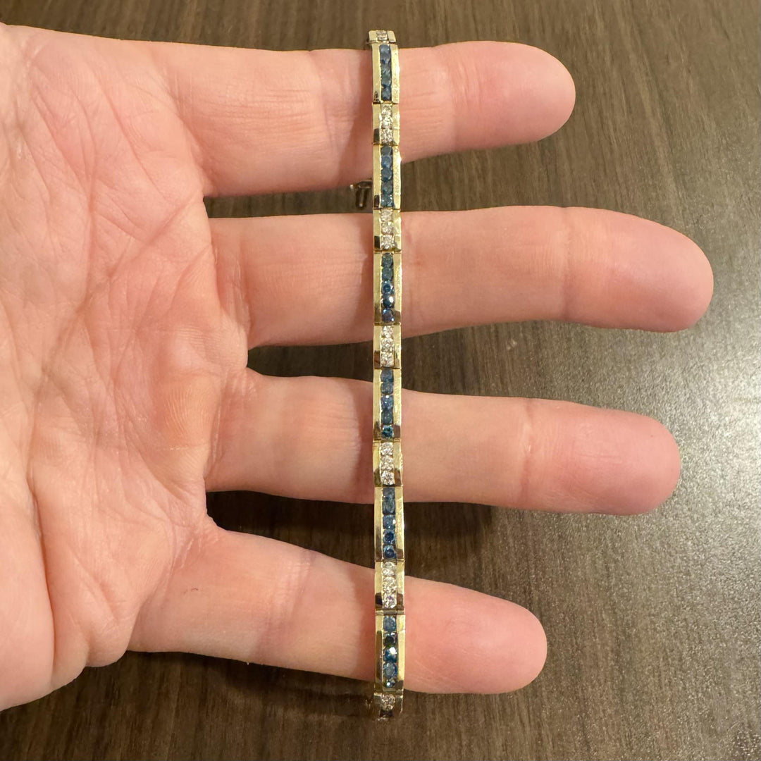 14k Yellow Gold and 4.5cttw Blue and White Diamond Bar Link Bracelet 7.25"