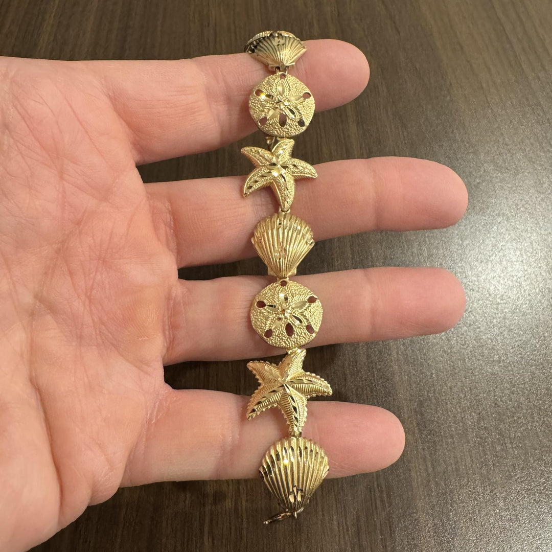 14k Yellow Gold 19.6g Diamond Cut Beach Ocean Charm Link Bracelet 7"