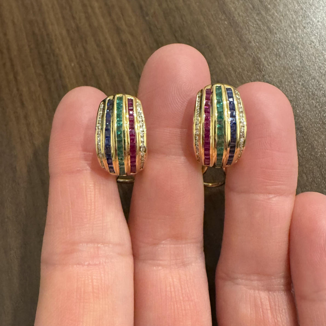 18k Yellow Gold Multi Gemstone and Diamond 12.4g Huggie Earrings