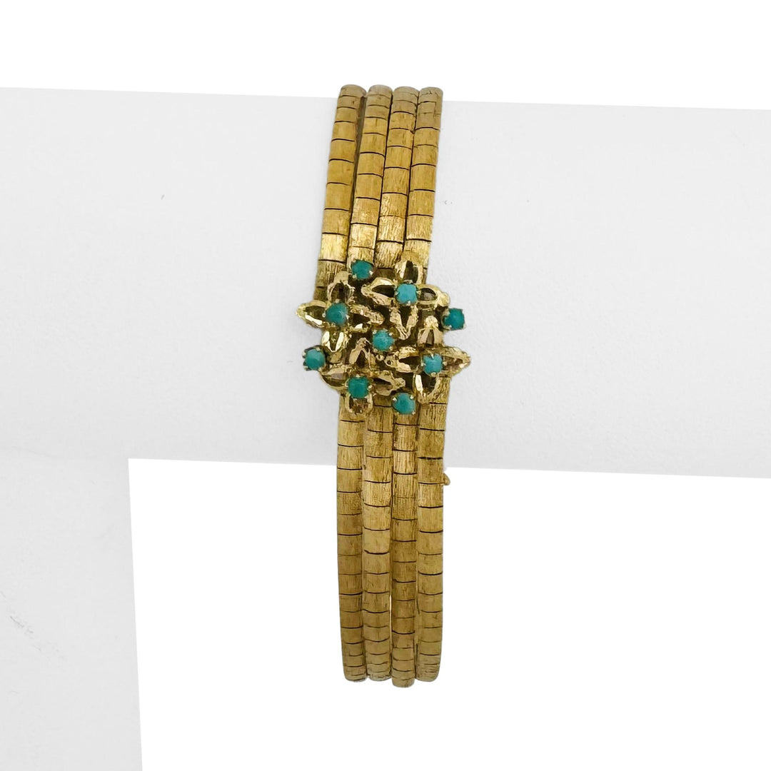 18k Yellow Gold Turquoise 30.5g Vintage Four Strand Satin Finish Bracelet 7.5"