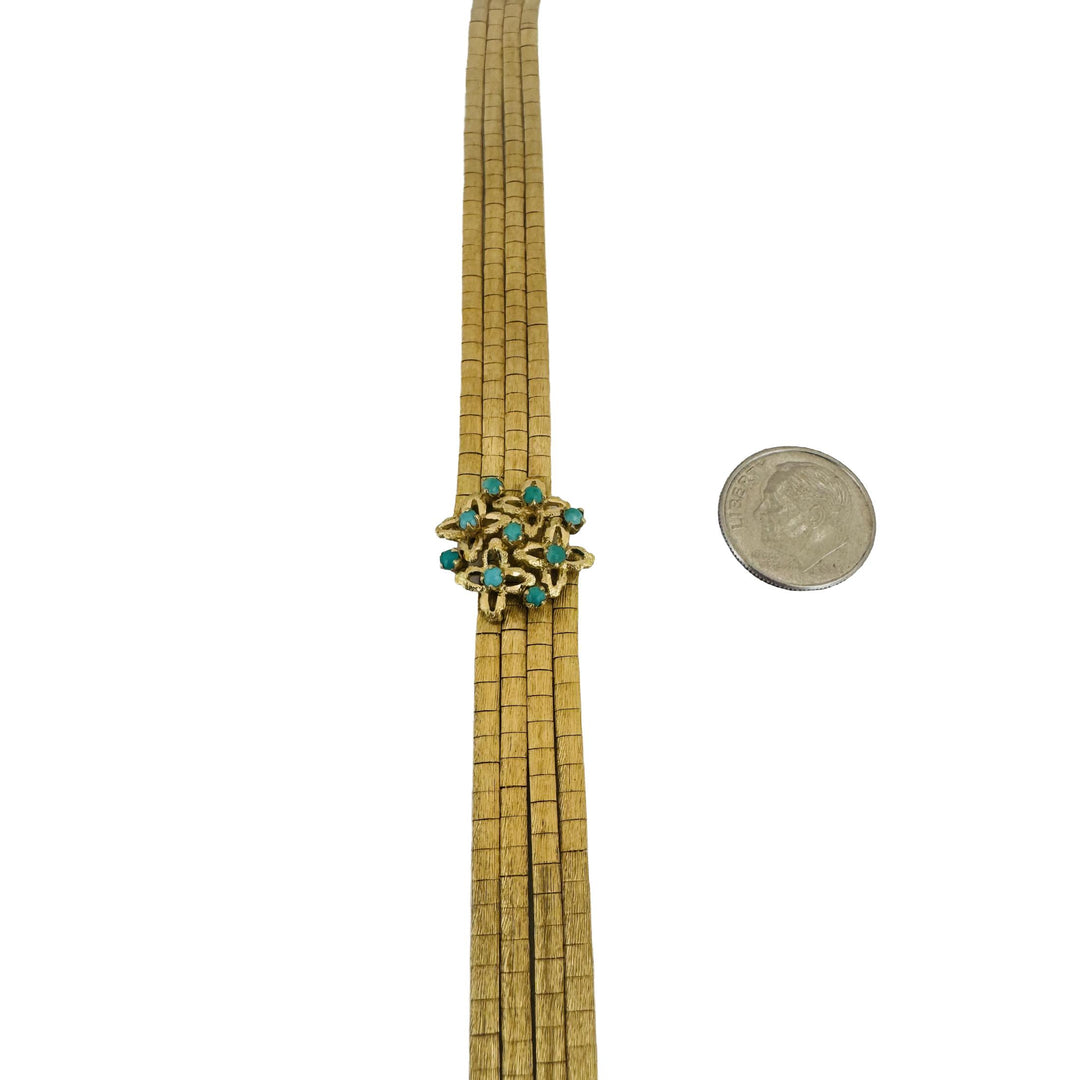 18k Yellow Gold Turquoise 30.5g Vintage Four Strand Satin Finish Bracelet 7.5"