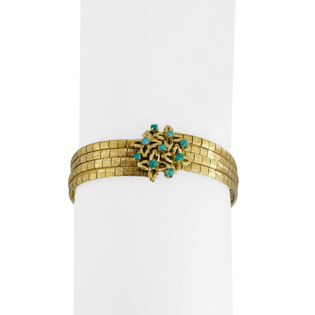 18k Yellow Gold Turquoise 30.5g Vintage Four Strand Satin Finish Bracelet 7.5"