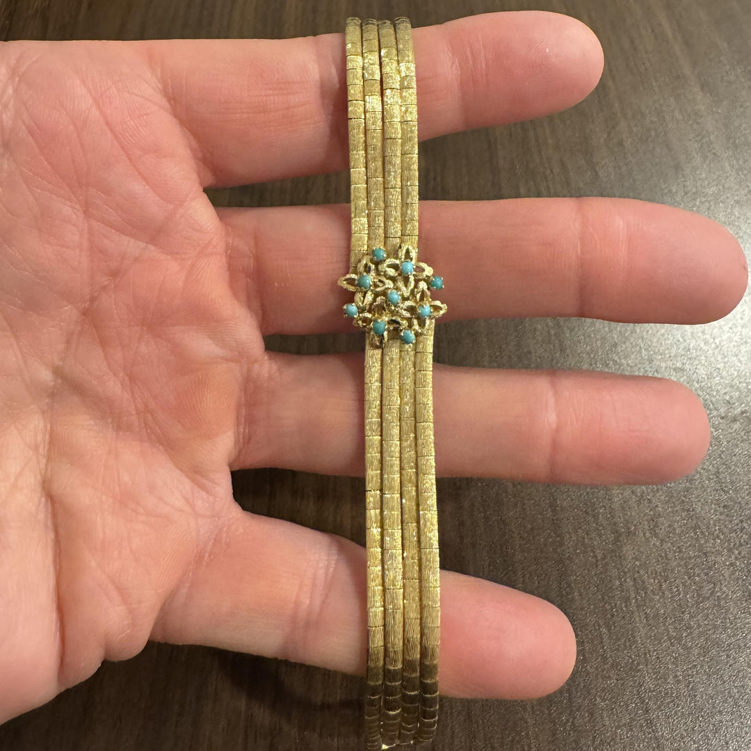18k Yellow Gold Turquoise 30.5g Vintage Four Strand Satin Finish Bracelet 7.5"