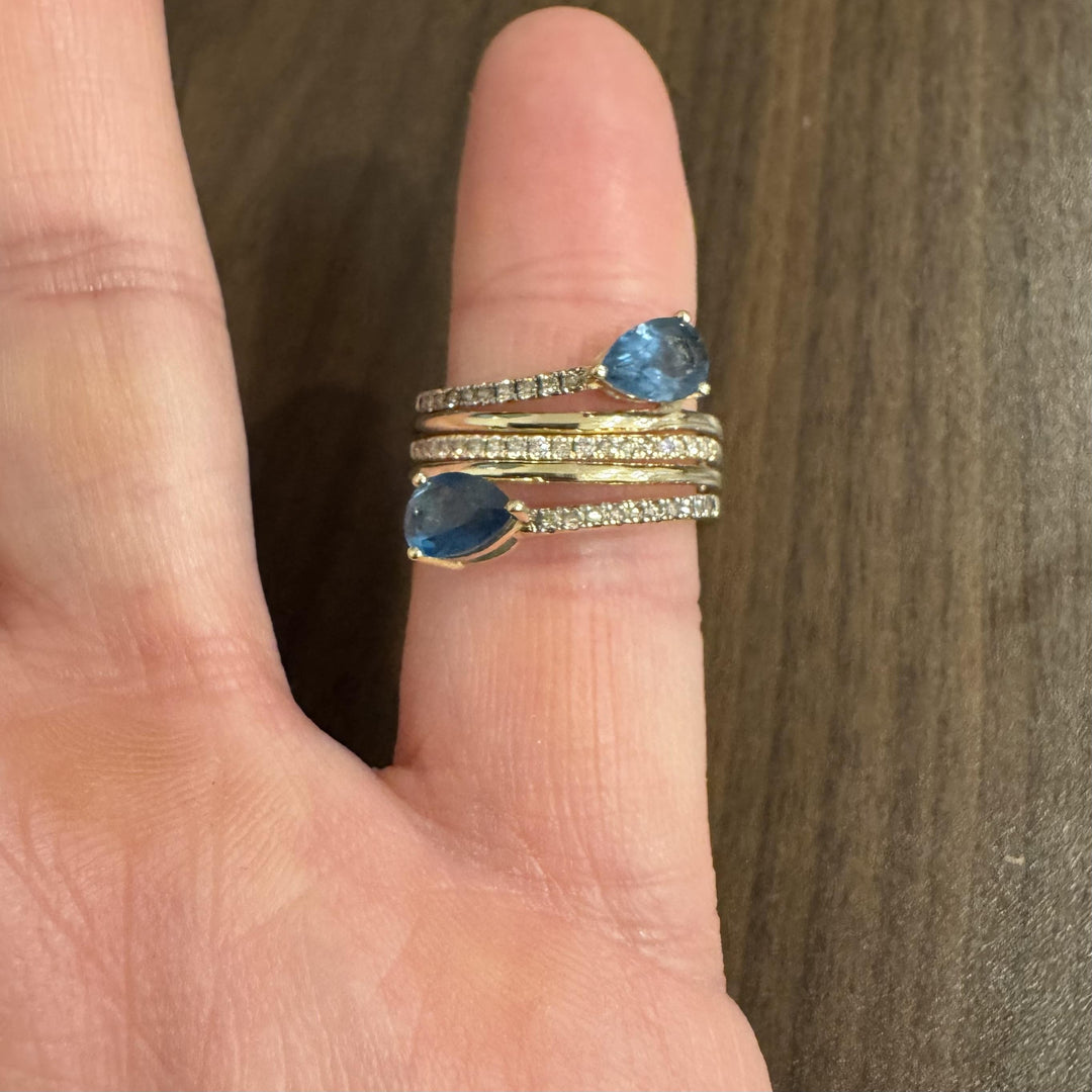 LeVian 14k Yellow Gold London Blue Topaz and Diamond Bypass Ring Size 7