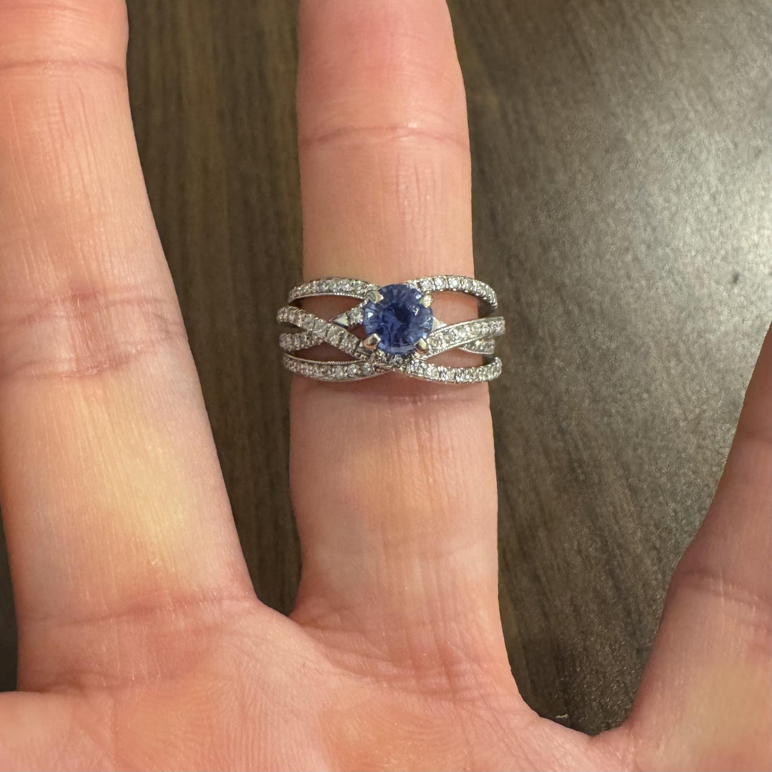 18k White Gold Ceylon Sapphire and 1cttw Diamond Crossover Band Ring Size 8.5