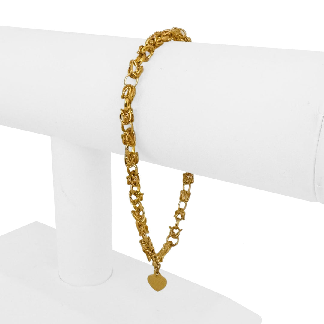 24k Pure Yellow Gold 12.6g Ladies 4mm Byzantine Link Heart Charm Bracelet 7.5"